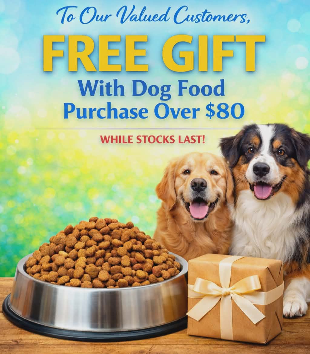 picture advertising a free gift with dog food purchases over $80, for a limited time