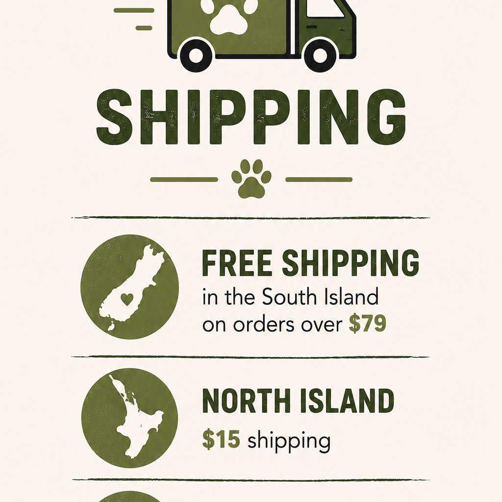 image showing shipping costs. South Island is free over $79. $15 for North Island. Rural delivery is $7.50 additional